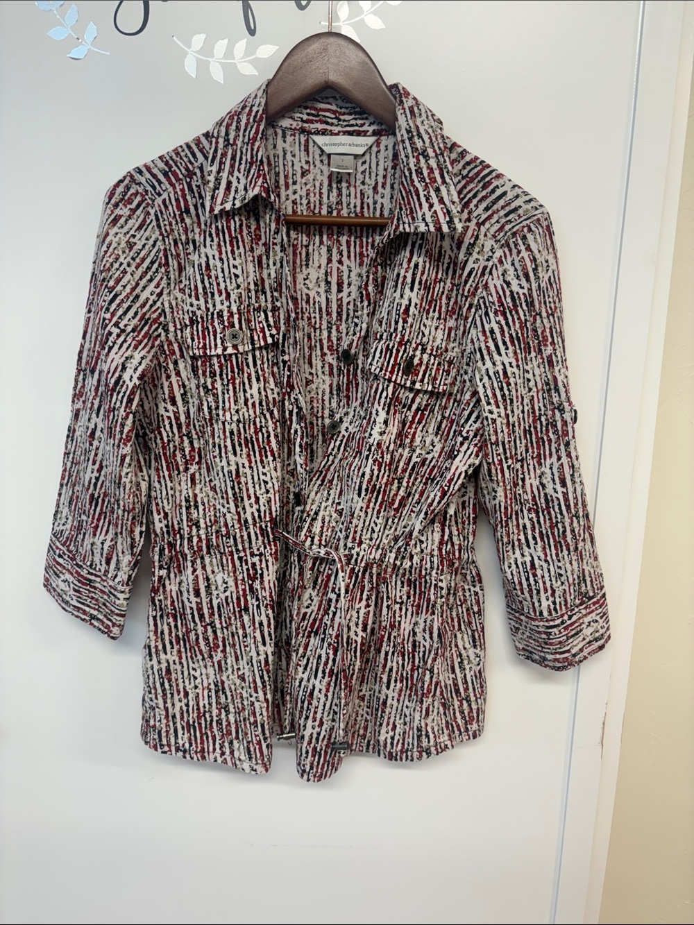 Christopher & Banks Red, Black & White Striped Button-Down Shirt